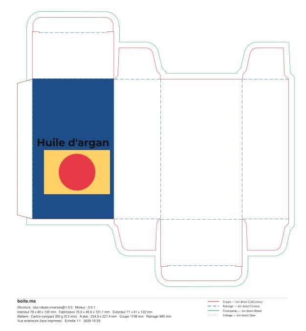 PDF de tracé exporté : coupe en rouge, rainage en bleu pointillé, fond perdu en vert, cartouche boite.ma