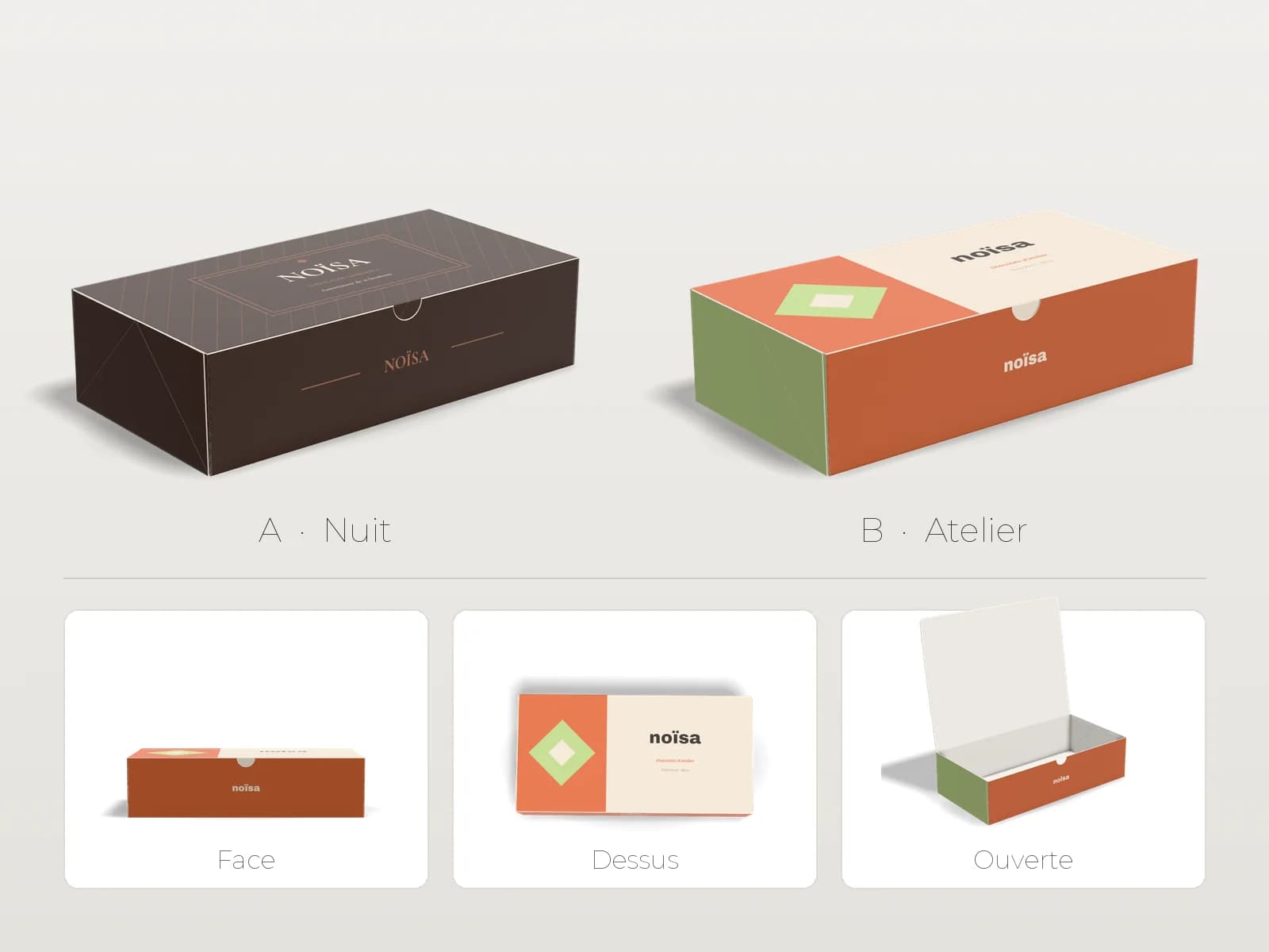 Project board for the fictional chocolate brand Noïsa: the same magnetic gift box in two options, A “Nuit” in cocoa and copper and B “Atelier” in cream, terracotta and pistachio, then option B seen from the front, from above and open.