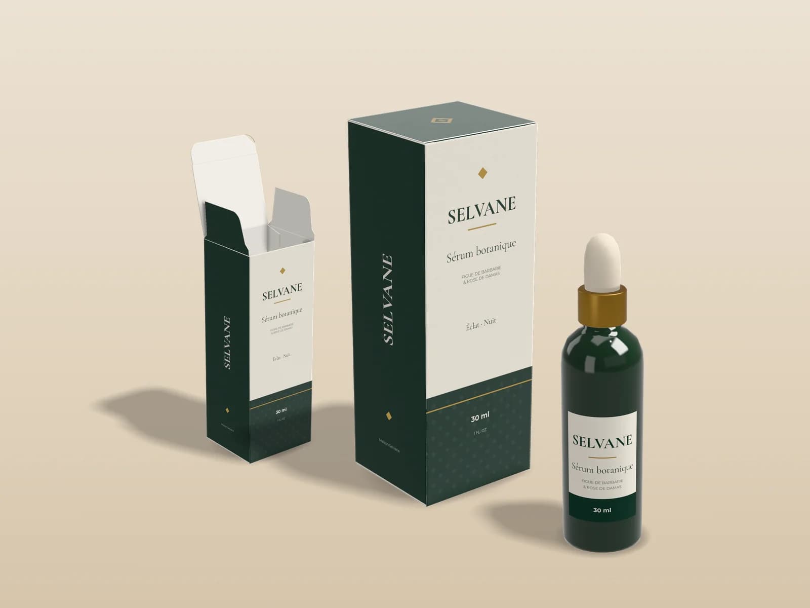 Green dropper bottle from the fictional brand Selvane, standing in front of its ivory and deep green folding carton with gold rules; on the left, the same carton open with its tuck flap raised.